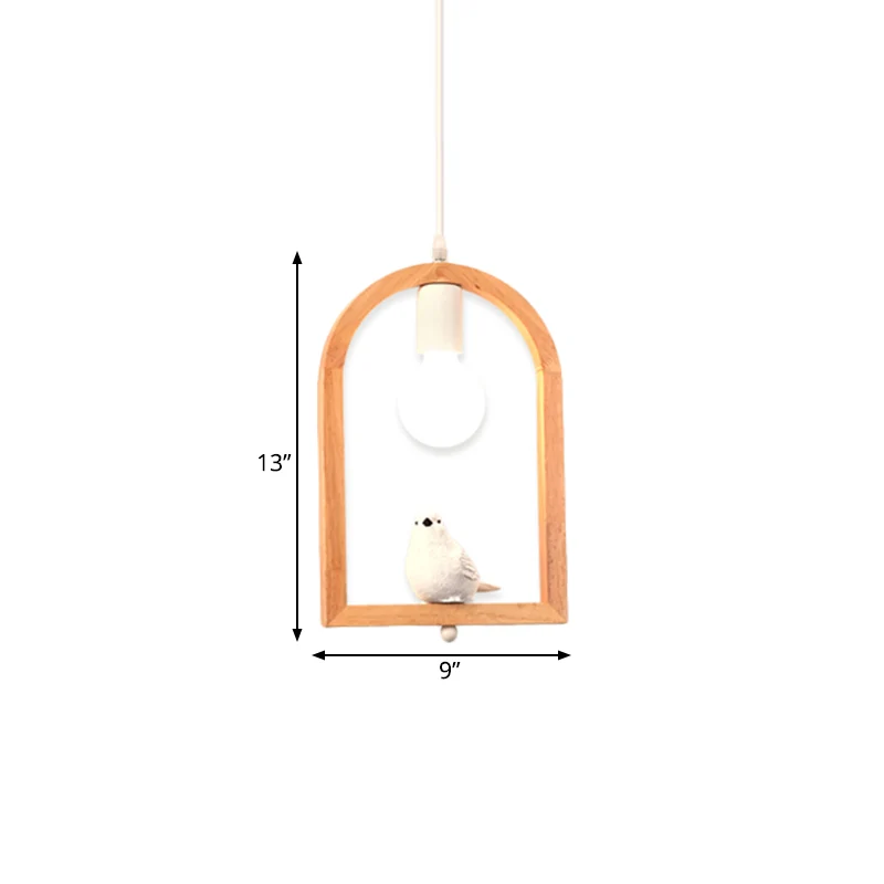 Hars Vogel Hangende Plafondlamp Nordic 1 Licht Wit Pendellicht met Houten Boogframe Clearhalo
