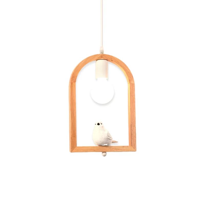 Hars Vogel Hangende Plafondlamp Nordic 1 Licht Wit Pendellicht met Houten Boogframe Clearhalo