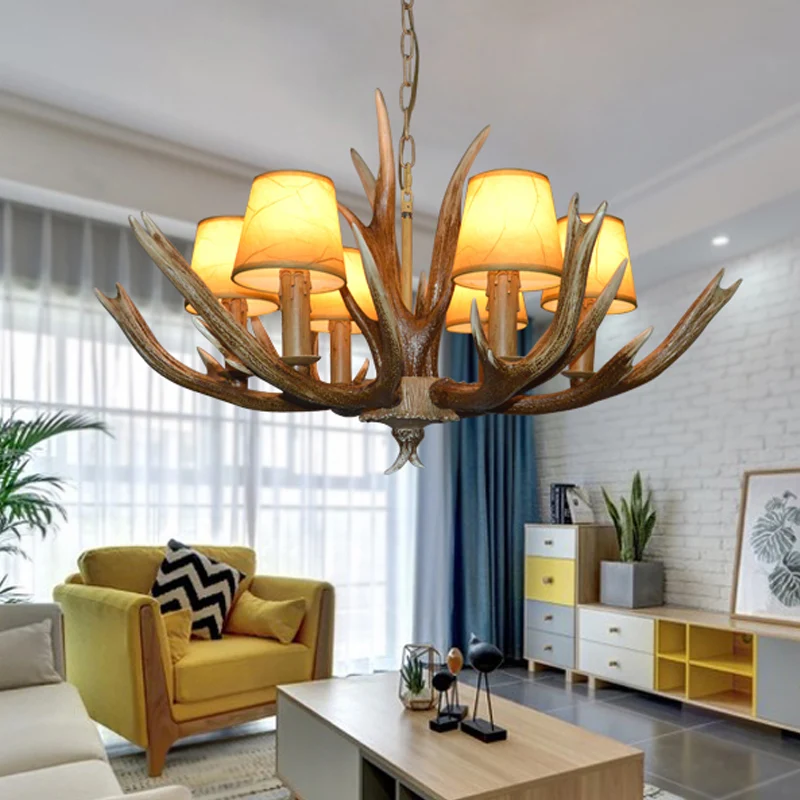 Harsbruine plafondkroonluchter Tak 4/6/8 lampen Traditionele hanglamp met beige kegelvormige stoffen kap Clearhalo