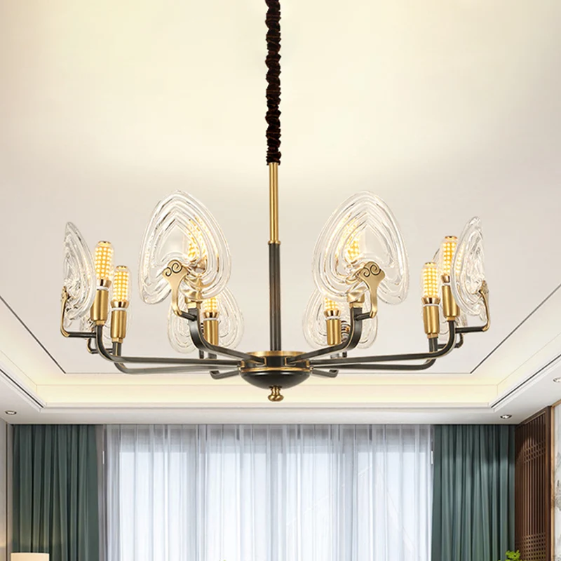 Hartvormige slaapkamer hangende kroonluchter Koloniaal helder prismatisch glas 6/8 lampen Zwart en goud plafondlamp Clearhalo