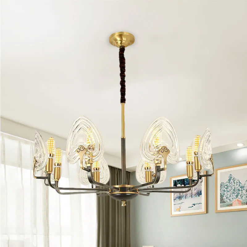 Hartvormige slaapkamer hangende kroonluchter Koloniaal helder prismatisch glas 6/8 lampen Zwart en goud plafondlamp Clearhalo