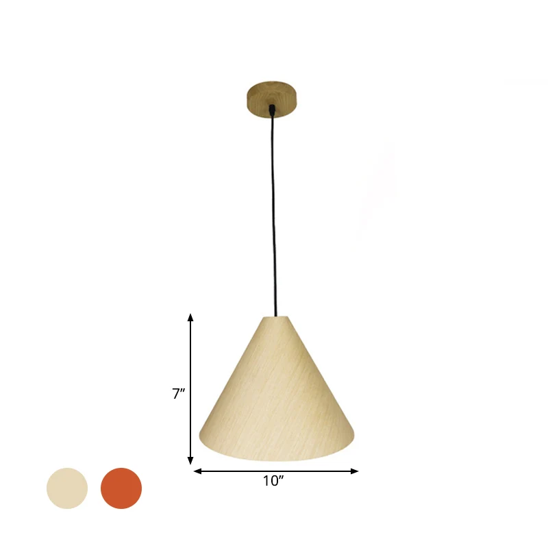 1 Head Cafe Suspension Lamp Landelijk Rood/Beige Hanglamp met conische houten kap, 10"/13" breed Clearhalo