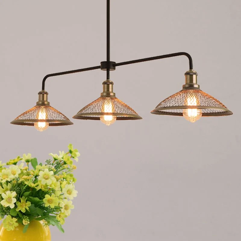 3 Heads Cage Flared Island-verlichting met gaasscherm Industrieel koper/verouderd bronzen metalen eilandhanglamp voor eetk...