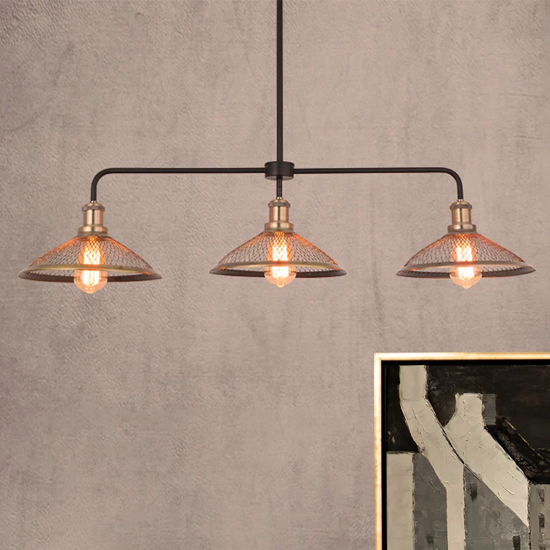 3 Heads Cage Flared Island-verlichting met gaasscherm Industrieel koper/verouderd bronzen metalen eilandhanglamp voor eetk...