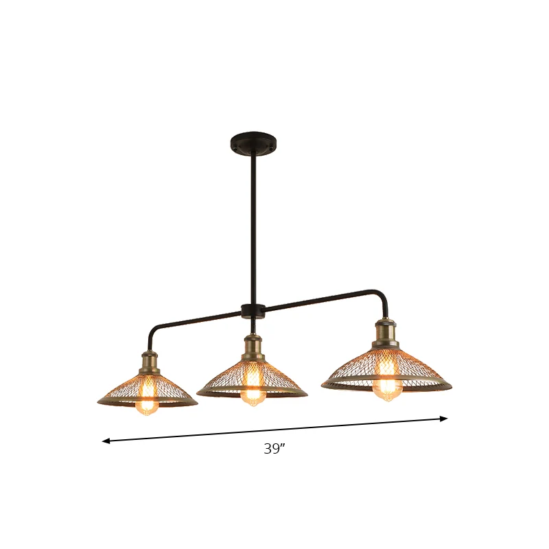3 Heads Cage Flared Island-verlichting met gaasscherm Industrieel koper/verouderd bronzen metalen eilandhanglamp voor eetk...
