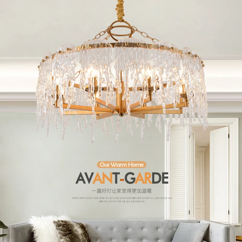 6 Heads Cascade Kroonluchterlamp Modernistisch Kristallen Plafond Hanglamp Messing voor Woonkamer Clearhalo