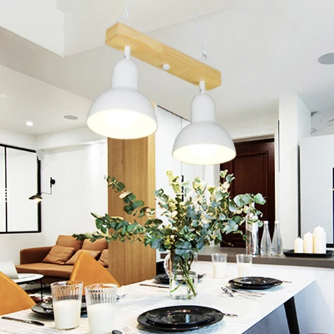 2/3 Heads Dome Island Lighting Moderne stijl Zwart/wit metalen hanglamp met houten balk voor keuken Clearhalo