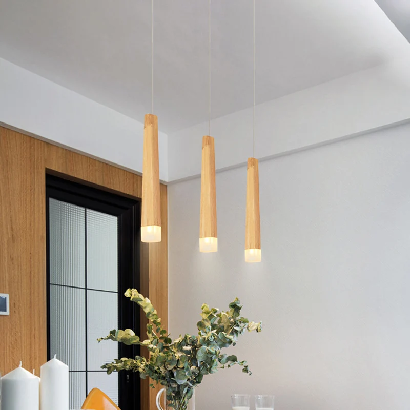 3/5 Heads Eetkamer Multi Hanglamp Minimalistische Beige Hanglamp met Vierkante Bar Houten Schaduw Clearhalo