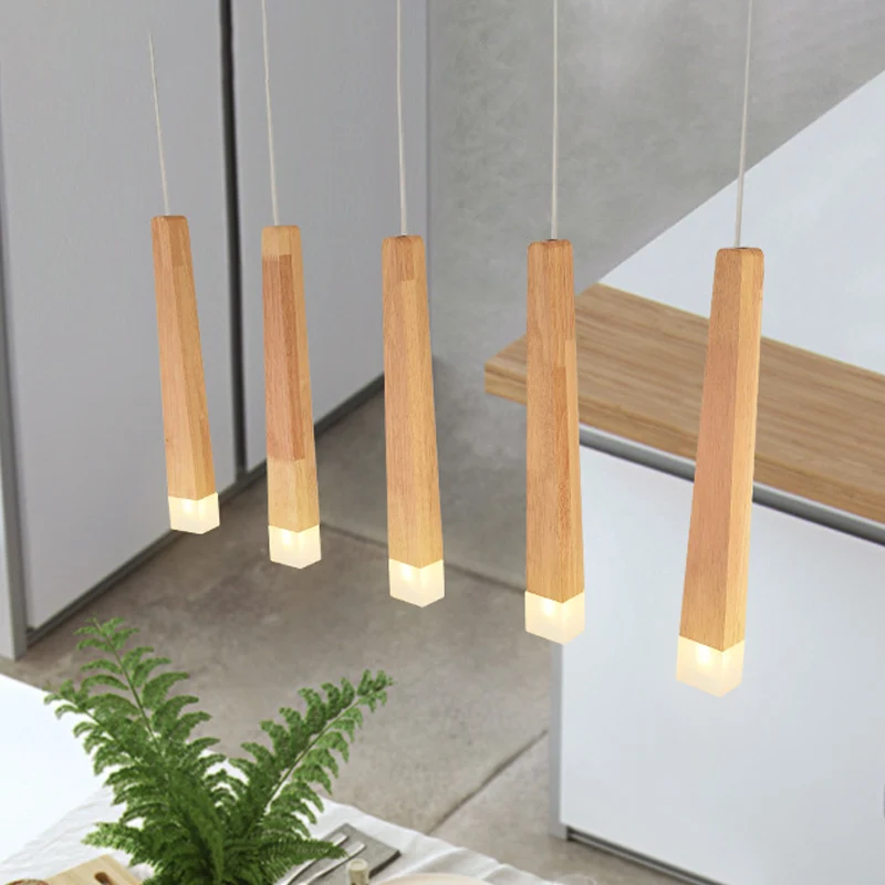 3/5 Heads Eetkamer Multi Hanglamp Minimalistische Beige Hanglamp met Vierkante Bar Houten Schaduw Clearhalo