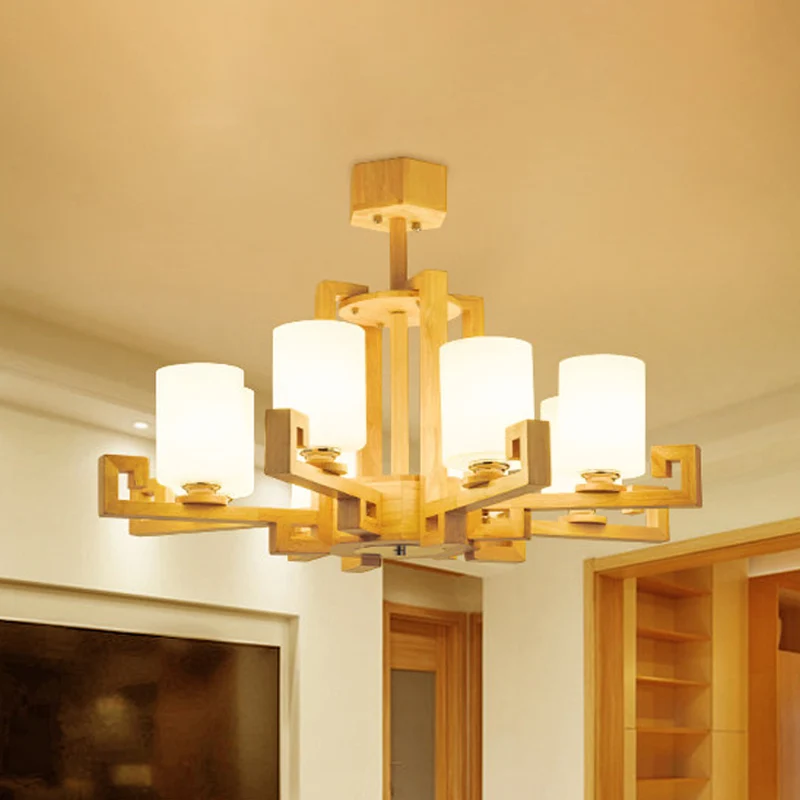 6 Heads Eetkamer Plafondkroonluchter Modernisme Beige Hanglampenset met cilindervormige witte glazen kap Clearhalo