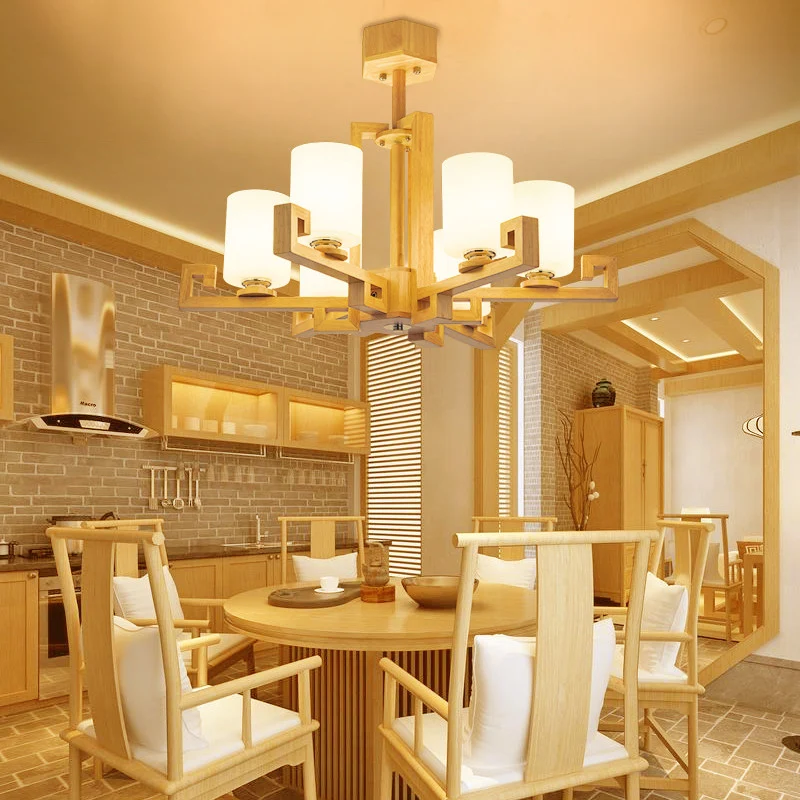 6 Heads Eetkamer Plafondkroonluchter Modernisme Beige Hanglampenset met cilindervormige witte glazen kap Clearhalo