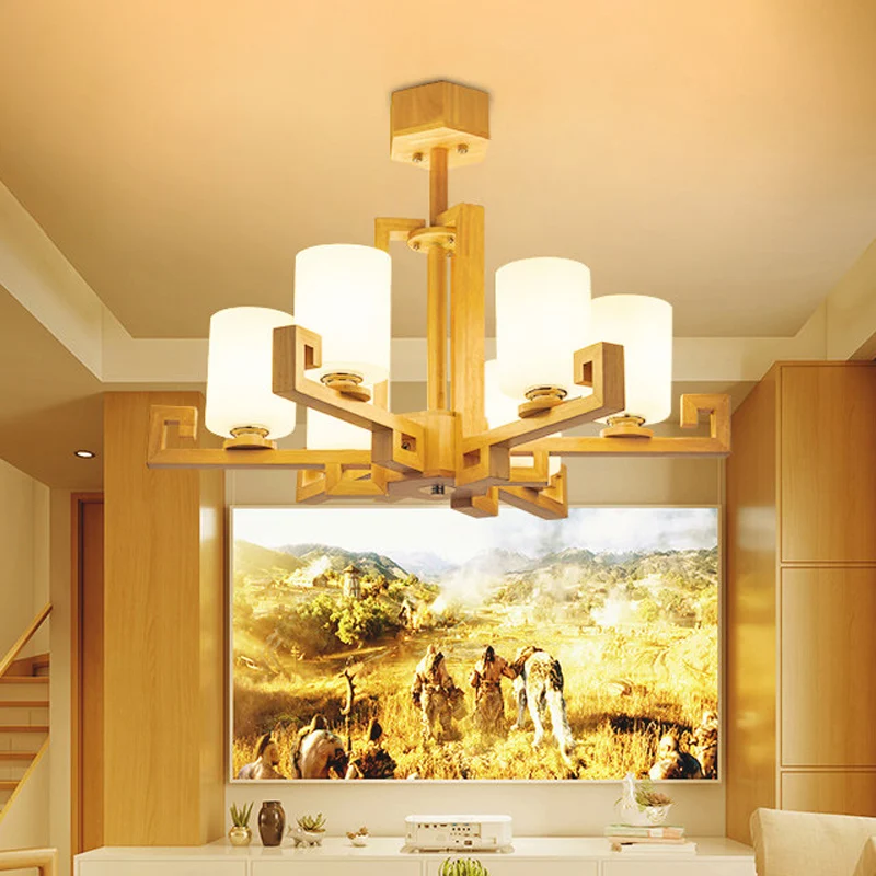 6 Heads Eetkamer Plafondkroonluchter Modernisme Beige Hanglampenset met cilindervormige witte glazen kap Clearhalo