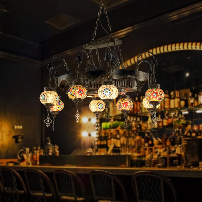 8 Heads Globe Hangende Verlichting Bohemen Ijzeren Glas--lood Kroonluchter Hanglamp voor Restaurant Clearhalo