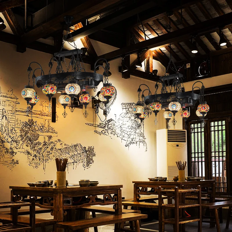 8 Heads Globe Hangende Verlichting Bohemen Ijzeren Glas--lood Kroonluchter Hanglamp voor Restaurant Clearhalo