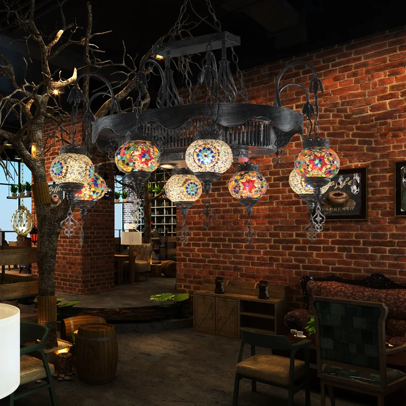 8 Heads Globe Hangende Verlichting Bohemen Ijzeren Glas--lood Kroonluchter Hanglamp voor Restaurant Clearhalo