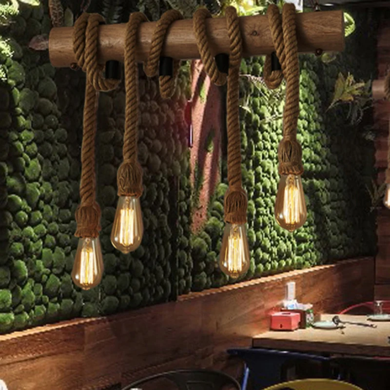 4 Heads Island hanglamp antieke zichtbare lamp henneptouw plafondverlichting hout Clearhalo