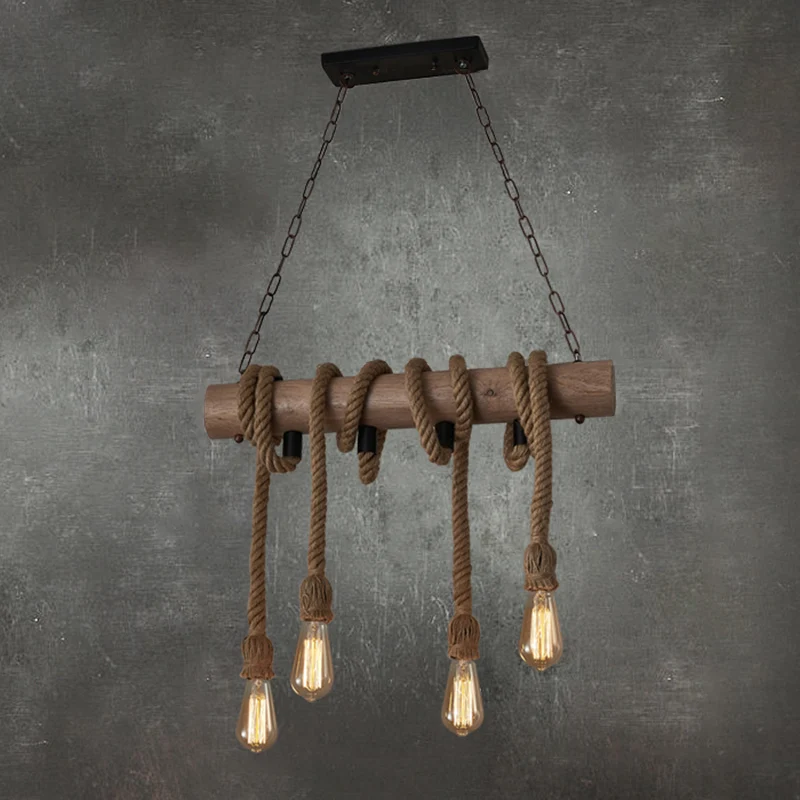 4 Heads Island hanglamp antieke zichtbare lamp henneptouw plafondverlichting hout Clearhalo