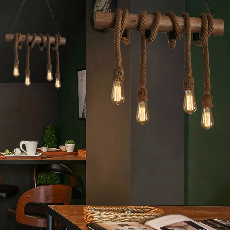 4 Heads Island hanglamp antieke zichtbare lamp henneptouw plafondverlichting hout Clearhalo