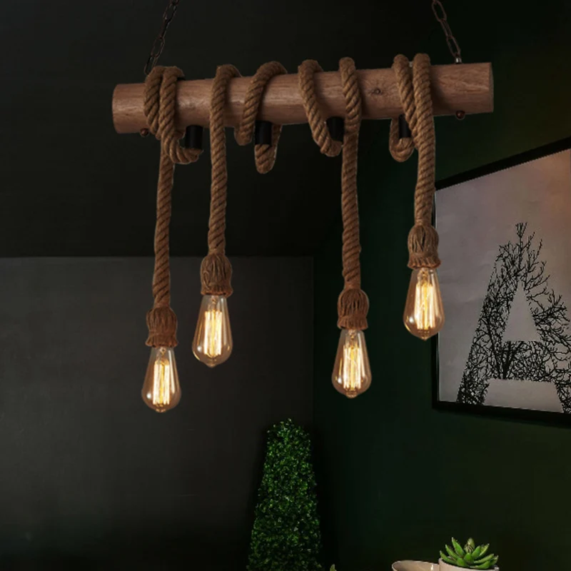 4 Heads Island hanglamp antieke zichtbare lamp henneptouw plafondverlichting hout Clearhalo