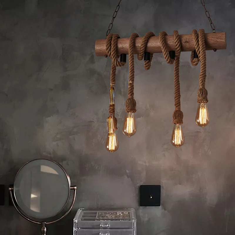 4 Heads Island hanglamp antieke zichtbare lamp henneptouw plafondverlichting hout Clearhalo