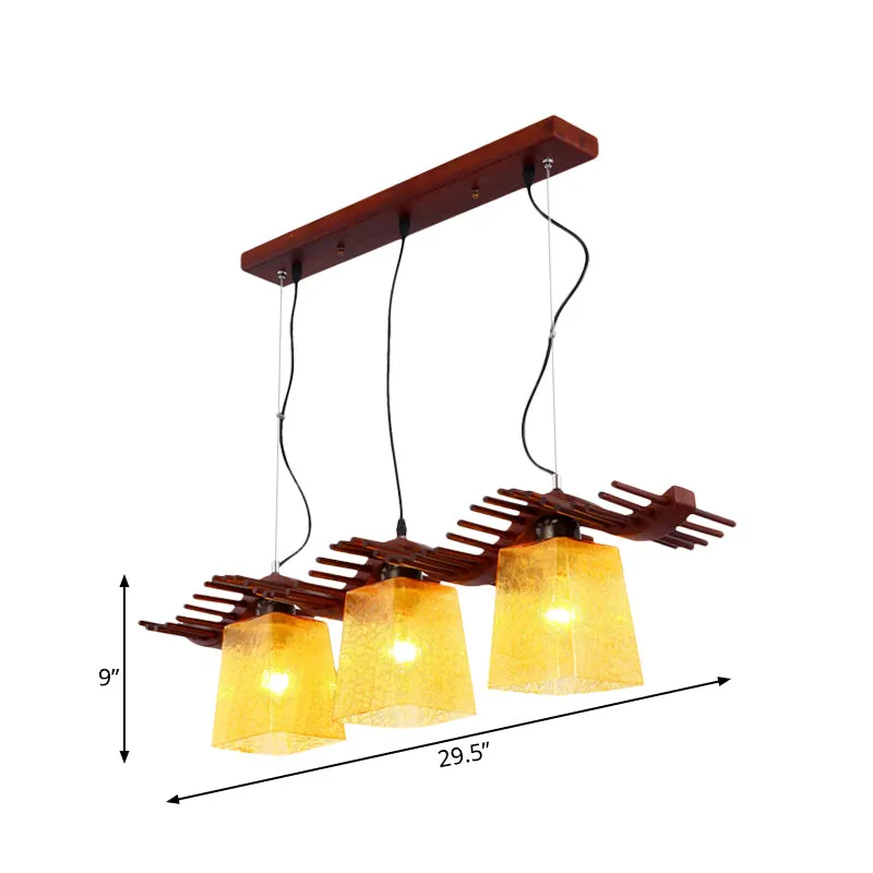 3 Heads Island Light rustieke eetkamer houten hanglamp met trapeziumvormige gele craquelé glazen kap bruin Clearhalo