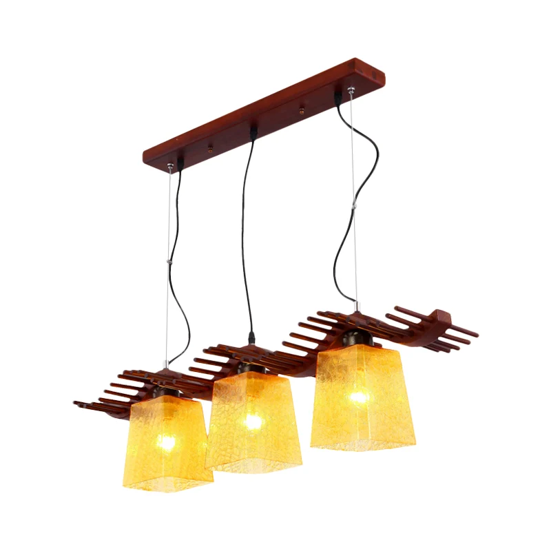 3 Heads Island Light rustieke eetkamer houten hanglamp met trapeziumvormige gele craquelé glazen kap bruin Clearhalo