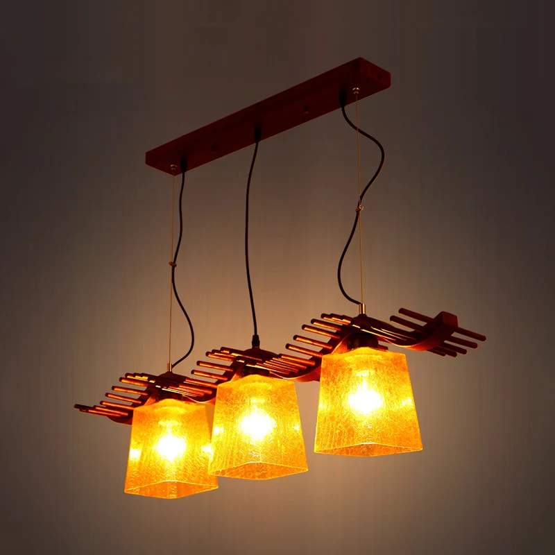 3 Heads Island Light rustieke eetkamer houten hanglamp met trapeziumvormige gele craquelé glazen kap bruin Clearhalo