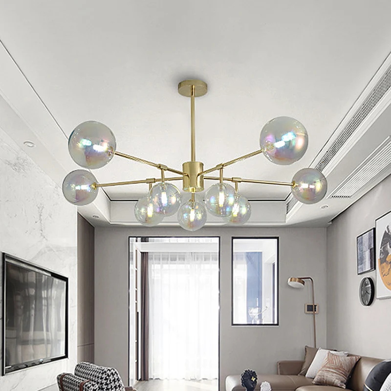 10 Heads Living Room Chandelier Lighting Modern Gold LED Pendant Lamp Sphere Rainbow Glass Shade Clearhalo