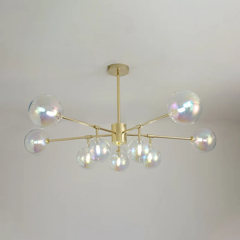 10 Heads Living Room Chandelier Lighting Modern Gold LED Pendant Lamp Sphere Rainbow Glass Shade Clearhalo