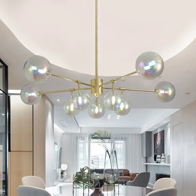 10 Heads Living Room Chandelier Lighting Modern Gold LED Pendant Lamp Sphere Rainbow Glass Shade Clearhalo
