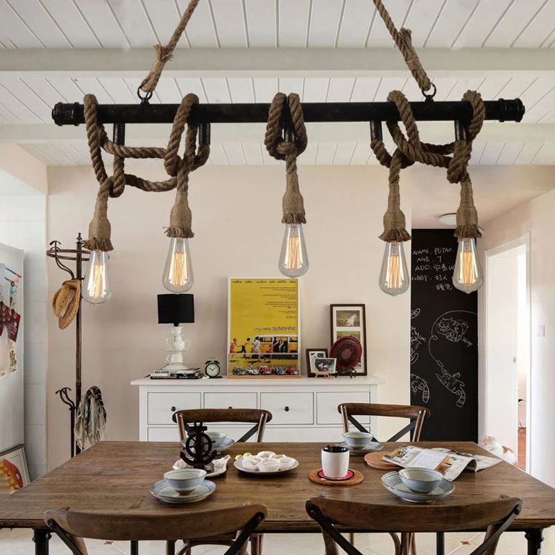 3/5 Heads Open Bulb Island Hanger Warehouse Beige Metalen Hangende Plafondlamp voor Eetkamer met Touw Omwikkeld Accent Cle...