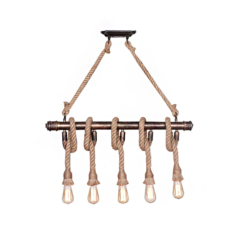 3/5 Heads Open Bulb Island Hanger Warehouse Beige Metalen Hangende Plafondlamp voor Eetkamer met Touw Omwikkeld Accent Cle...