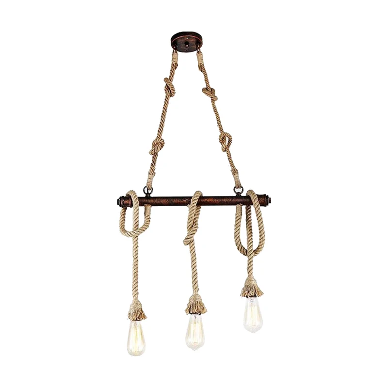 3/5 Heads Open Bulb Island Hanger Warehouse Beige Metalen Hangende Plafondlamp voor Eetkamer met Touw Omwikkeld Accent Cle...