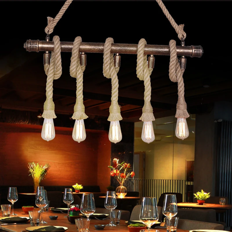 3/5 Heads Open Bulb Island Hanger Warehouse Beige Metalen Hangende Plafondlamp voor Eetkamer met Touw Omwikkeld Accent Cle...