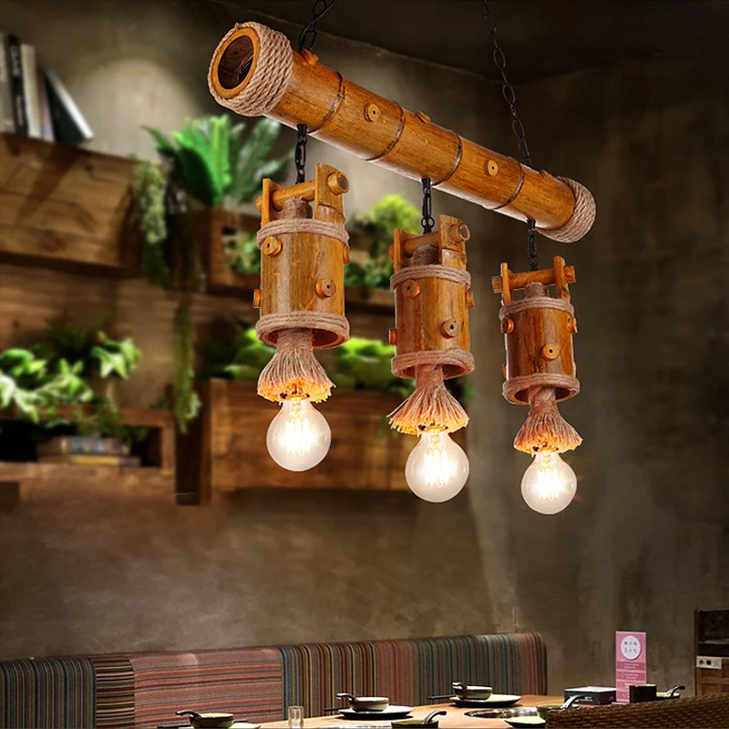 3 Heads Open Bulb Island Light Rustieke Bamboe Plafond Hanglamp voor Eetkamer Clearhalo