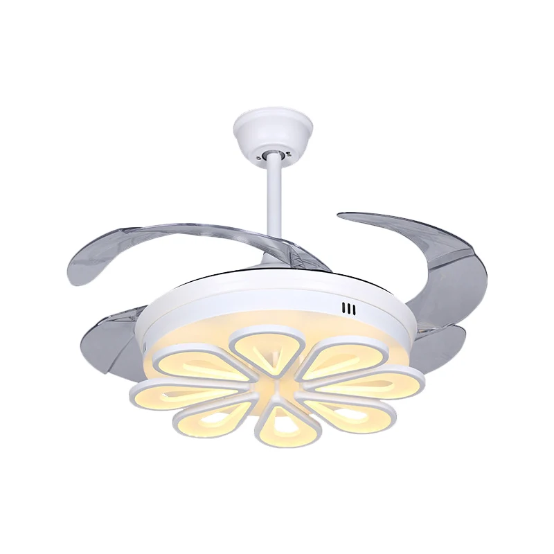 Hedendaagse bloemen hangende ventilatorlamp acryl LED wit dicht bij plafondlamp met 4 heldere bladen, 42" W Clearhalo