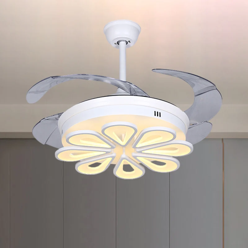 Hedendaagse bloemen hangende ventilatorlamp acryl LED wit dicht bij plafondlamp met 4 heldere bladen, 42" W Clearhalo