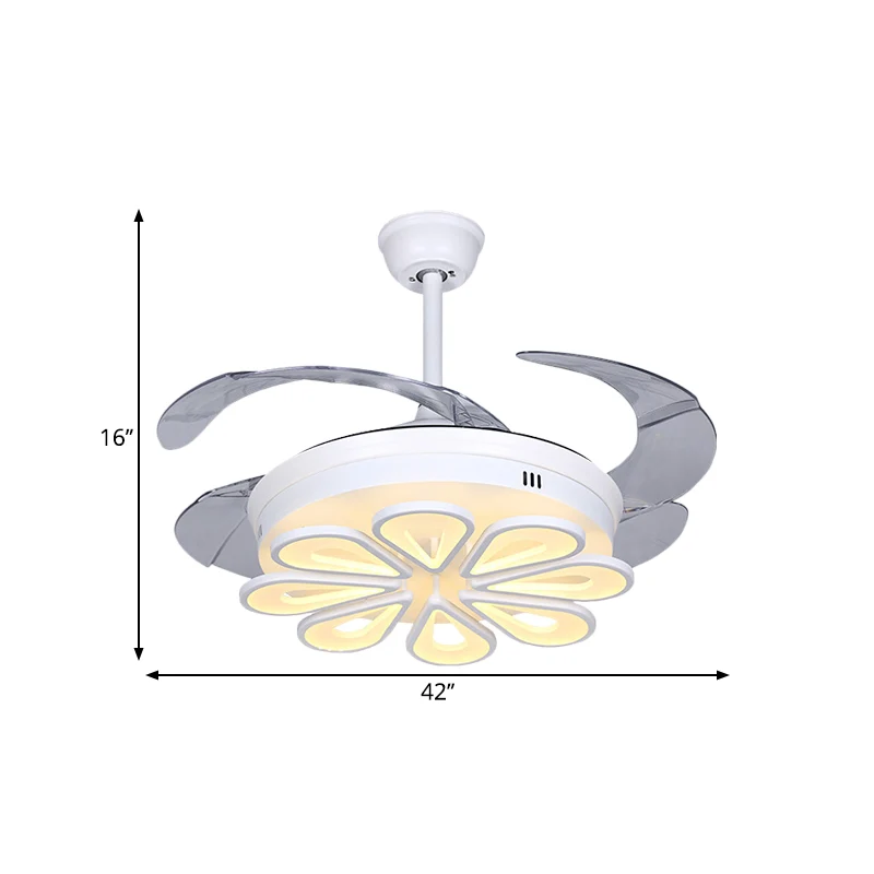 Hedendaagse bloemen hangende ventilatorlamp acryl LED wit dicht bij plafondlamp met 4 heldere bladen, 42" W Clearhalo