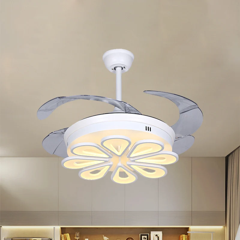 Hedendaagse bloemen hangende ventilatorlamp acryl LED wit dicht bij plafondlamp met 4 heldere bladen, 42" W Clearhalo
