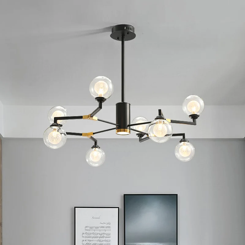 Hedendaagse bolkroonluchterlamp helder glas 8/10 koppen hangende verlichtingsarmatuur zwart Clearhalo