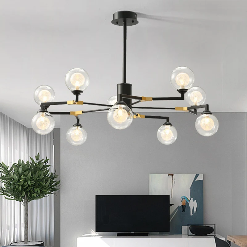 Hedendaagse bolkroonluchterlamp helder glas 8/10 koppen hangende verlichtingsarmatuur zwart Clearhalo