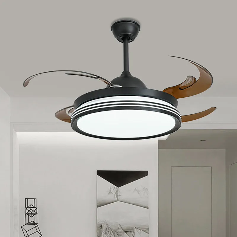 48" W hedendaagse cirkel hangende ventilatorlamp LED acryl semi-inbouw plafondlamp zwart/wit/nikkel voor slaapkamer, 8 bla...