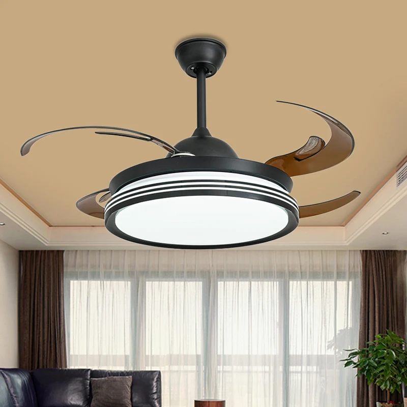 48" W hedendaagse cirkel hangende ventilatorlamp LED acryl semi-inbouw plafondlamp zwart/wit/nikkel voor slaapkamer, 8 bla...