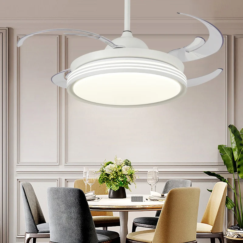 48" W hedendaagse cirkel hangende ventilatorlamp LED acryl semi-inbouw plafondlamp zwart/wit/nikkel voor slaapkamer, 8 bla...