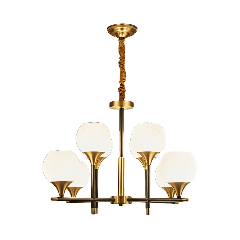Hedendaagse Global Kroonluchter Verlichting Wit Glas 8 Lampen Slaapkamer Messing Hanglamp met verticaal ontwerp Clearhalo