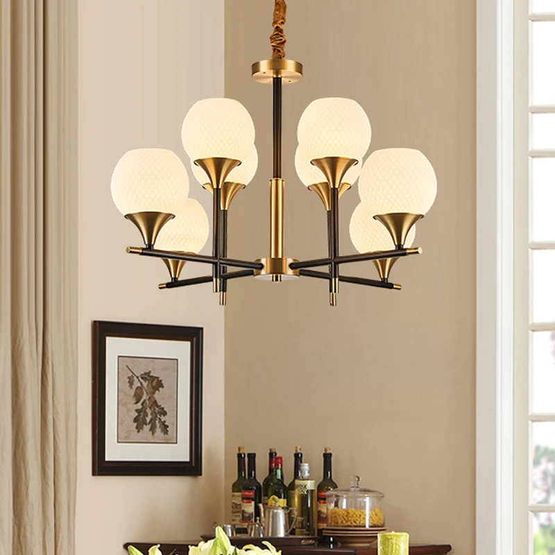 Hedendaagse Global Kroonluchter Verlichting Wit Glas 8 Lampen Slaapkamer Messing Hanglamp met verticaal ontwerp Clearhalo