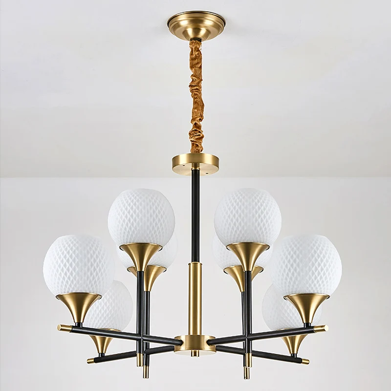 Hedendaagse Global Kroonluchter Verlichting Wit Glas 8 Lampen Slaapkamer Messing Hanglamp met verticaal ontwerp Clearhalo