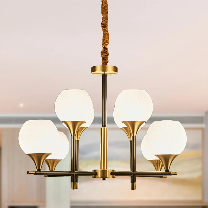 Hedendaagse Global Kroonluchter Verlichting Wit Glas 8 Lampen Slaapkamer Messing Hanglamp met verticaal ontwerp Clearhalo