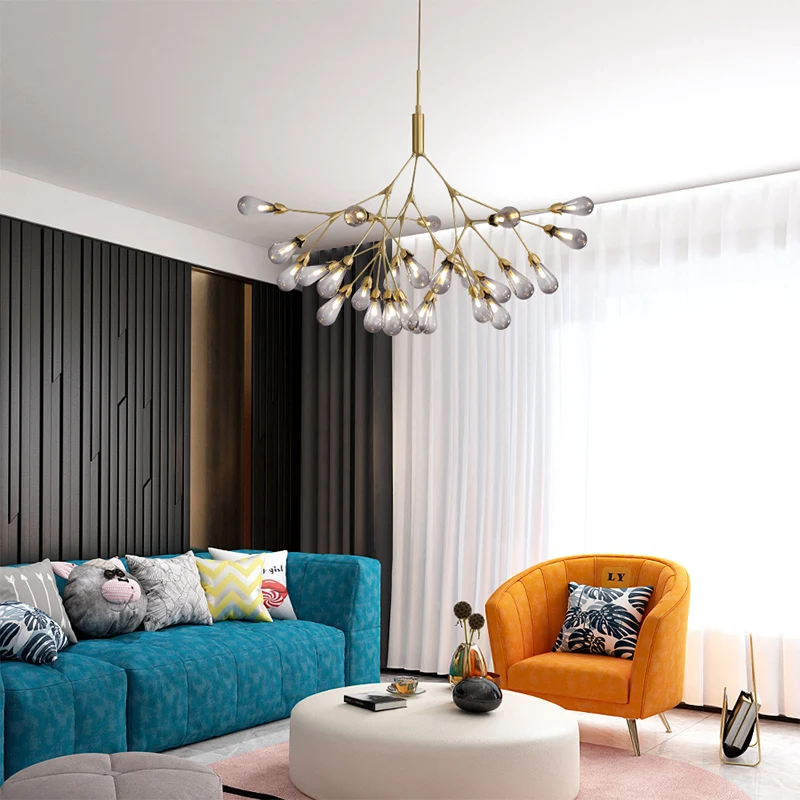 Hedendaagse Teardrop Kroonluchterlamp Rookgrijs Glas 27 Hoofden Woonkamer Plafond Hanglamp Clearhalo