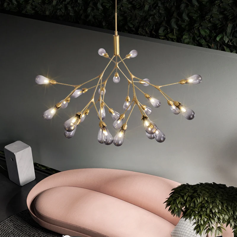 Hedendaagse Teardrop Kroonluchterlamp Rookgrijs Glas 27 Hoofden Woonkamer Plafond Hanglamp Clearhalo
